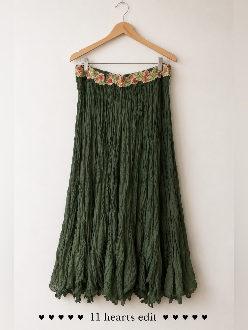 Chaudry for Anthropologie Embellished Waist Maxi Skirt Green Boho M NWT